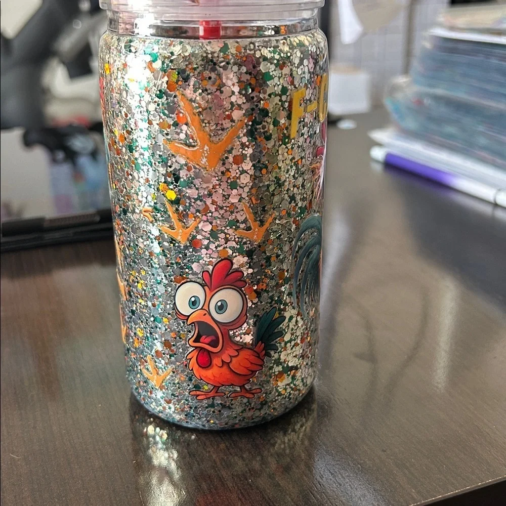 F-CAW-F Chicken 16oz Double-Walled Acrylic Glitter Tumbler with Straw Buddy